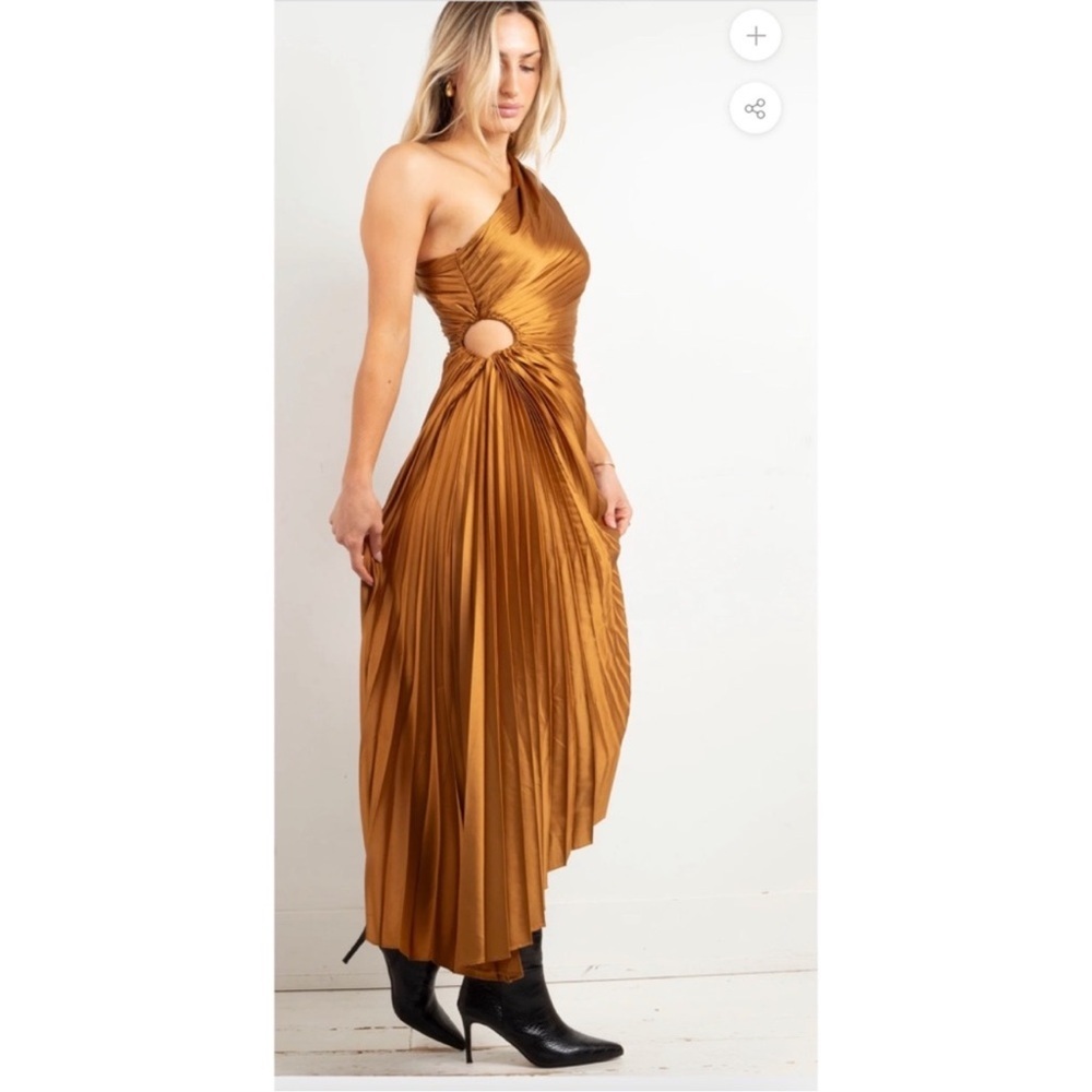 Dress Forum Copper One-Shoulder Asymmetric Pleated Midi Dress size Medium - Picture 3 of 8